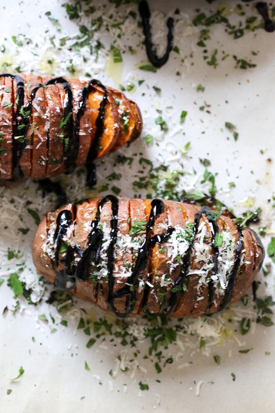 Parmesan Hasselback sweet potatoes with balsamic galze