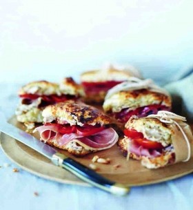 Parmesan pine nut scones with balsamic butter, prosciutto and tomato