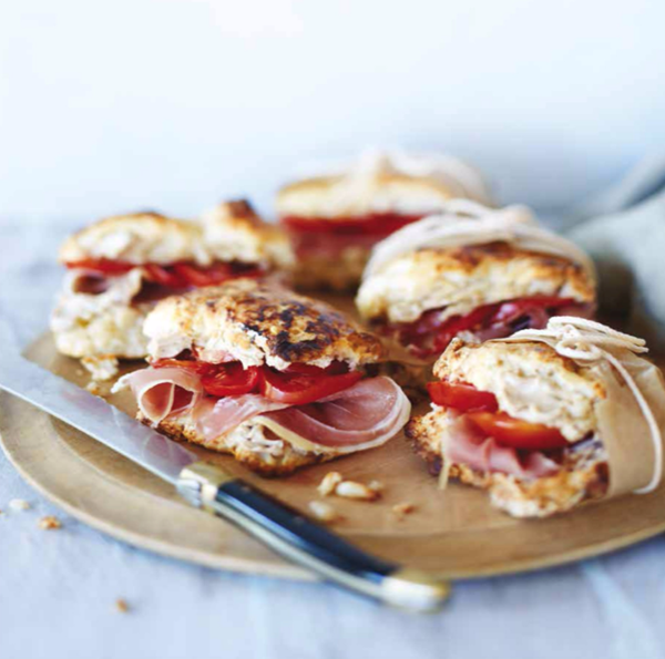 Parmesan pine nut scones with balsamic butter, prosciutto and tomato