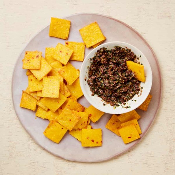 Parmesan polenta crisps with olive tapenade