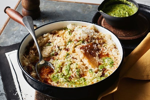 Parmesan risotto with ricotta pesto and 'nduja