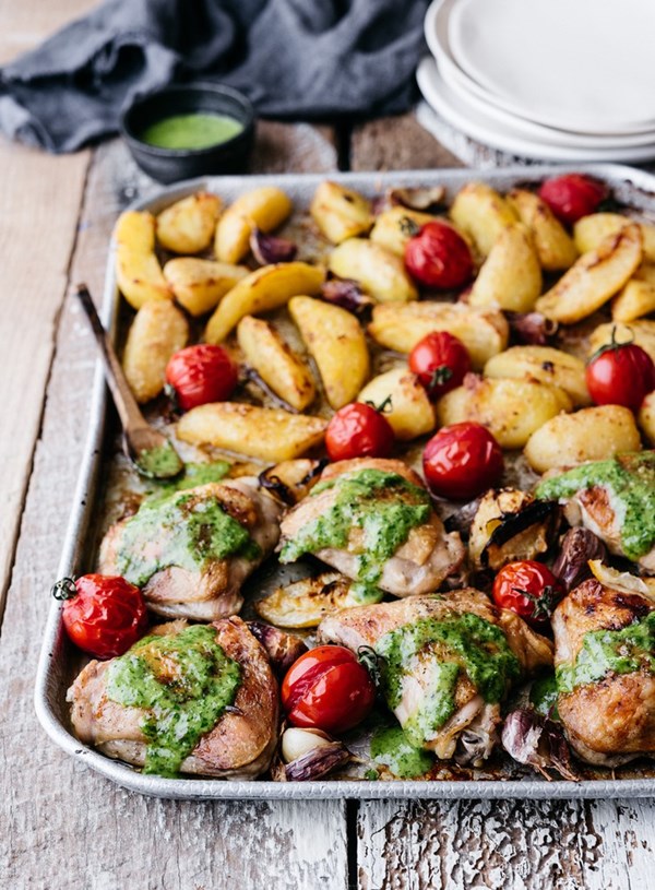 Parmesan roasted chicken and crispy potatoes with herb dressing