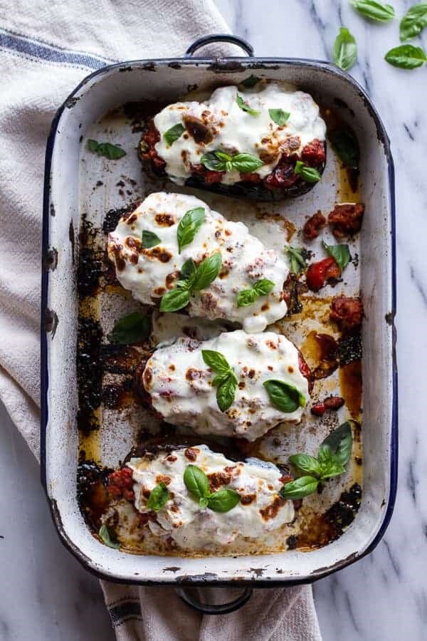 Parmesan roasted garlic eggplant and spicy Italian chicken sausage lasagna boats
