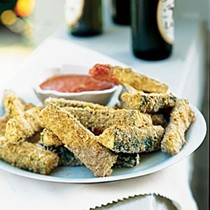 Parmesan zucchini sticks with smoky roasted romesco sauce