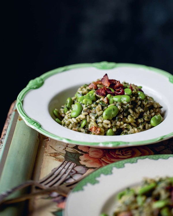 Parsley, bacon and broad bean risotto