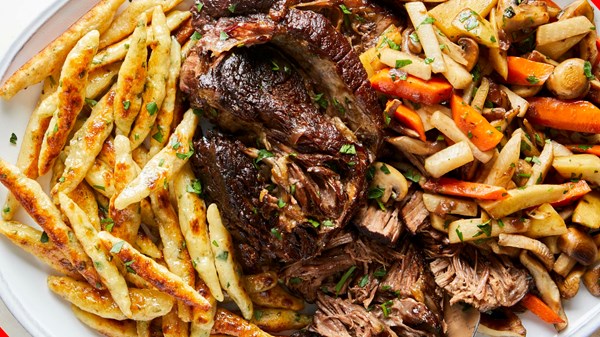 Parsley schupfnudeln with red wine braised pot roast