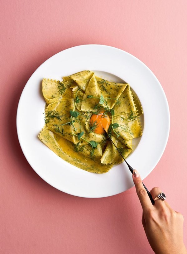 Parsley-speckled handkerchief pasta with butter sauce & confit egg yolk