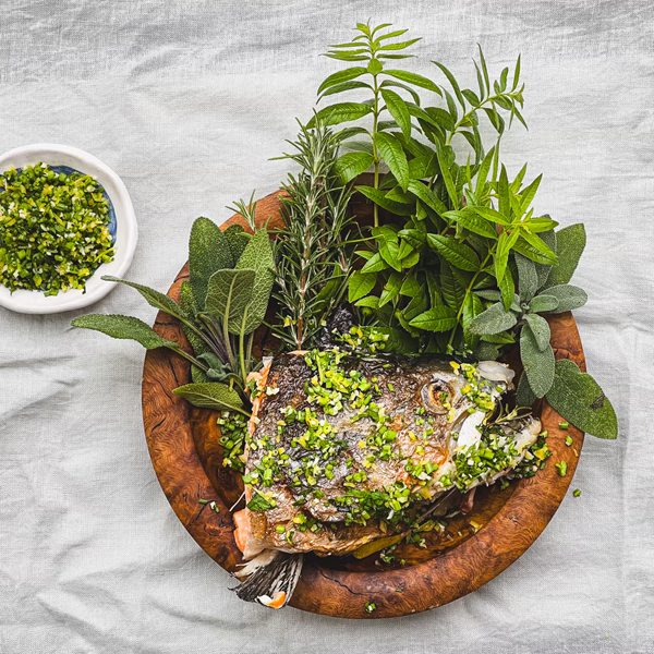 Parsley stalk gremolata (with braised fish head)
