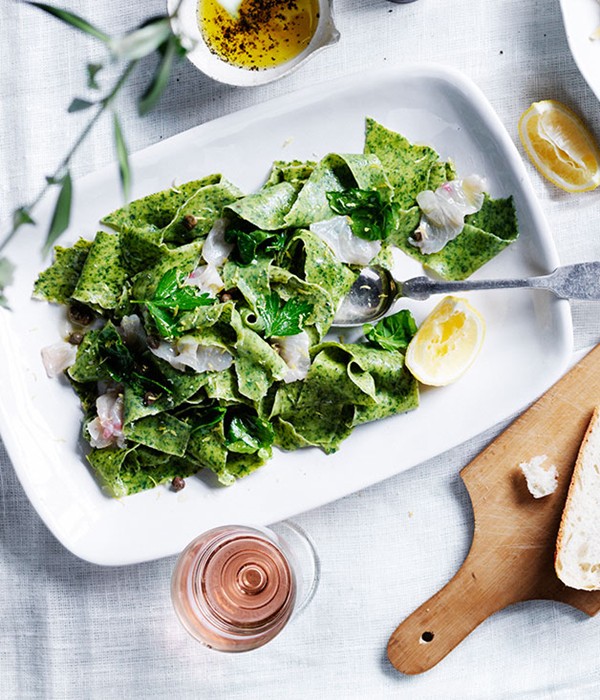 Parsley stracci with bonito crudo, capers, rocket and lemon