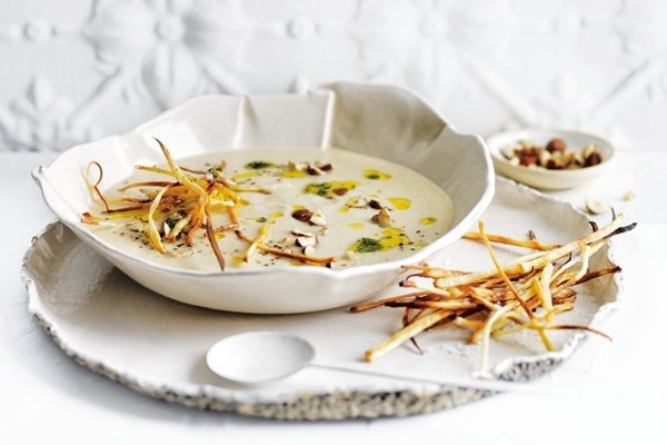 Parsnip & leek soup with roasted garlic and thyme oil