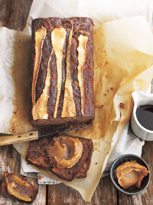 Parsnip, almond and date loaf with vanilla date caramel