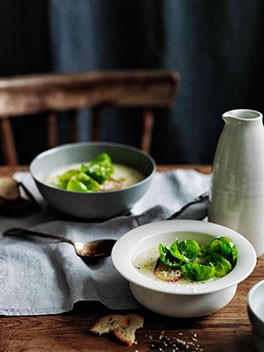 Parsnip and apple soup with crisp Brussels sprouts