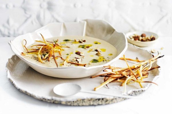 Parsnip and leek soup with roasted garlic and thyme oil