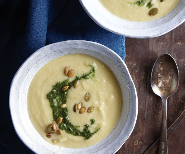 Parsnip and Parmesan soup with pumpkin seed pesto