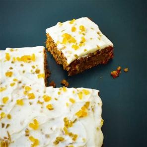 Parsnip and pecan tray bake cake with stem ginger topping