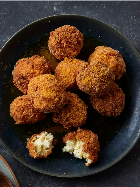 Parsnip and potato fritters with bottarga sauce