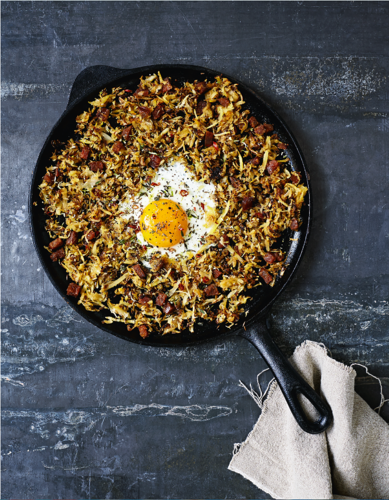 Parsnip chorizo hash with lime, thyme and fried eggs
