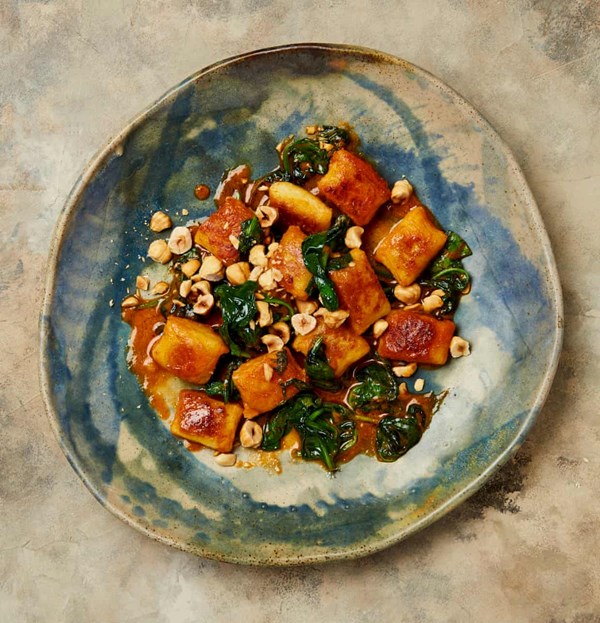Parsnip gnocchi with gochujang and hazelnuts