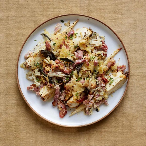 Parsnip gratin with sage, bacon and mustard