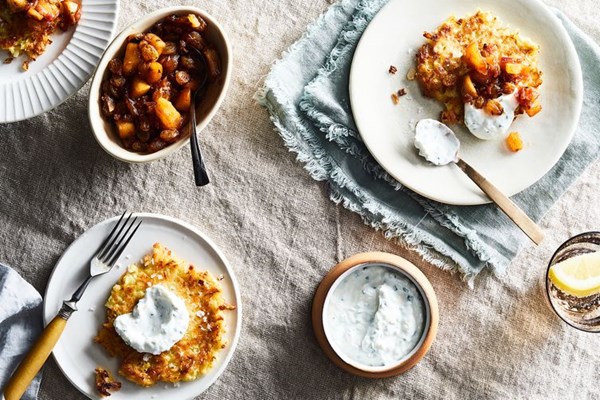 Parsnip latkes with apple chutney & horseradish yogurt