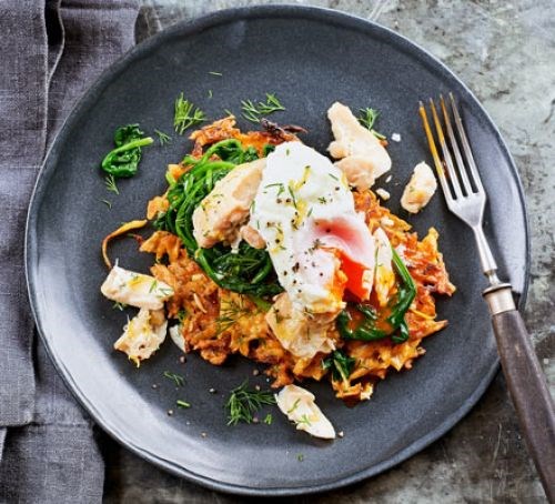 Parsnip latkes with smoked haddock & poached egg