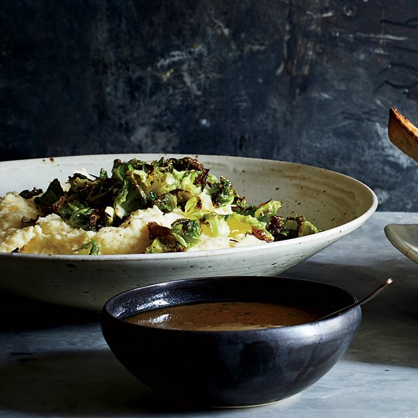 Parsnip mash with fried Brussels sprout leaves
