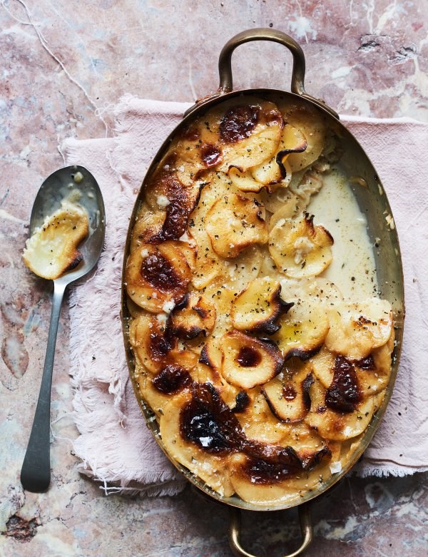 Parsnip, miso, oat and shallot boulangere