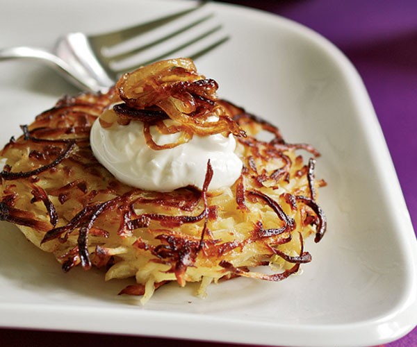 Parsnip pancakes with caramelized onions & sour cream