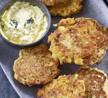Parsnip pancakes with honey and mustard dressing