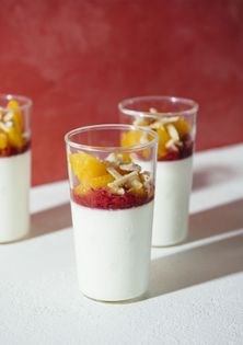 Parsnip panna cotta w/ rhubarb, orange + olive oil relish