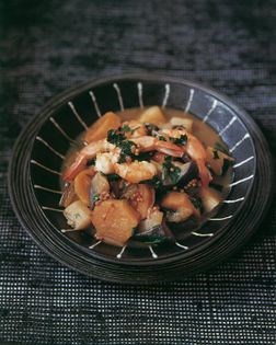 Parsnip, plantain, aubergine and prawn curry
