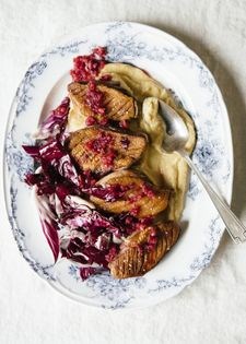Parsnip purée with duck breast, radicchio, and cranberry relish