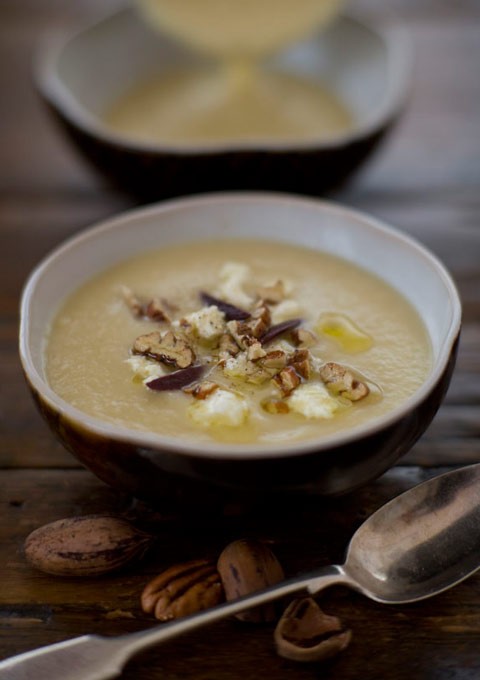 Parsnip soup with roasted pecans & Persian feta