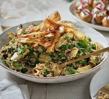 Parsnip, spinach, artichoke & wild rice salad