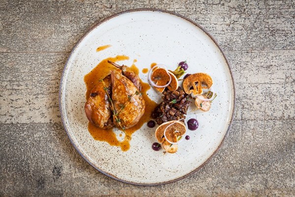 Partridge with bacon jam, Madeira and mushrooms