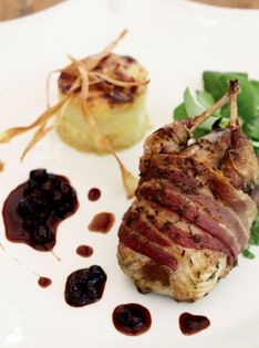 Partridge with parsnip dauphinoise (Roast English partridge with parsnip dauphinoise and mulled damsons)