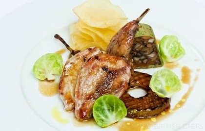 Partridge with pears and Christmas stuffing