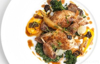Partridge with Swiss chard, chanterelles, quince and chestnuts