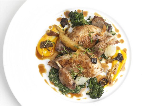Partridge with Swiss chard, girolles, quince & chestnuts [Geoffrey Smeddle]