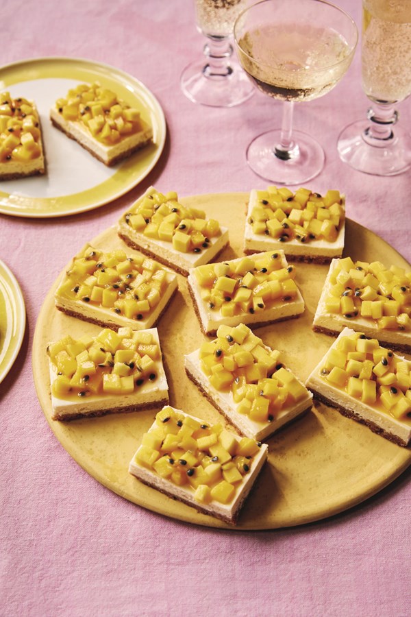Party cheesecake with mango and passionfruit salsa