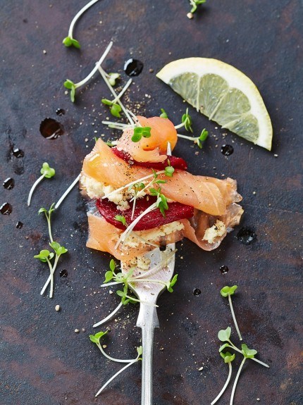 Party forks idea 2 - smoked salmon with horseradish and beetroot