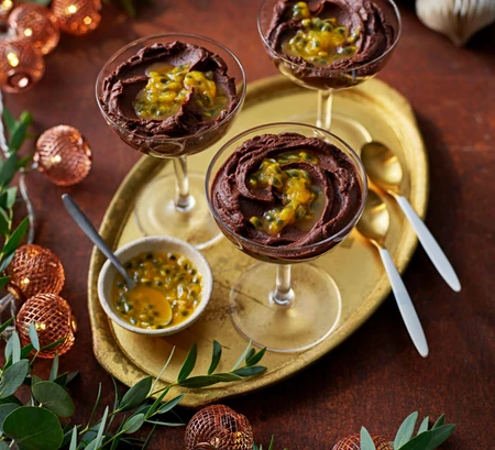 Passion fruit and chocolate pudding coupes