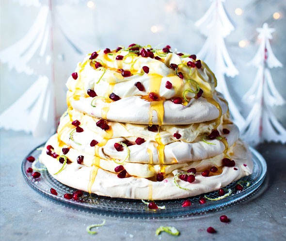 Passion fruit and pomegranate Pavlova layer cake