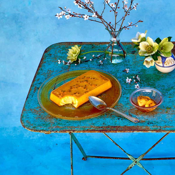 Passion fruit and saffron creme caramel