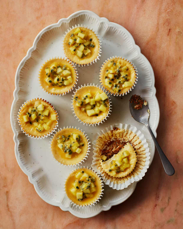 Passion fruit and white chocolate mini cheesecakes