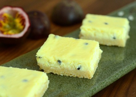 Passion fruit cheesecake bars with coconut shortbread crust