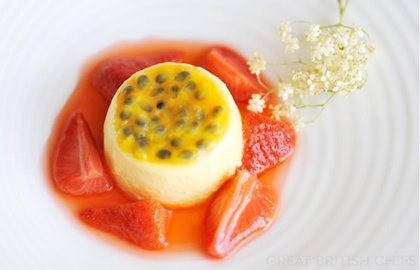 Passion fruit crème with elderflower strawberries