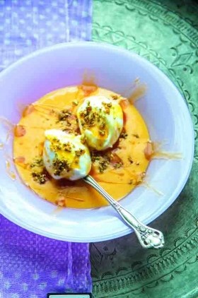 Passion fruit floating islands with pistachio croccante