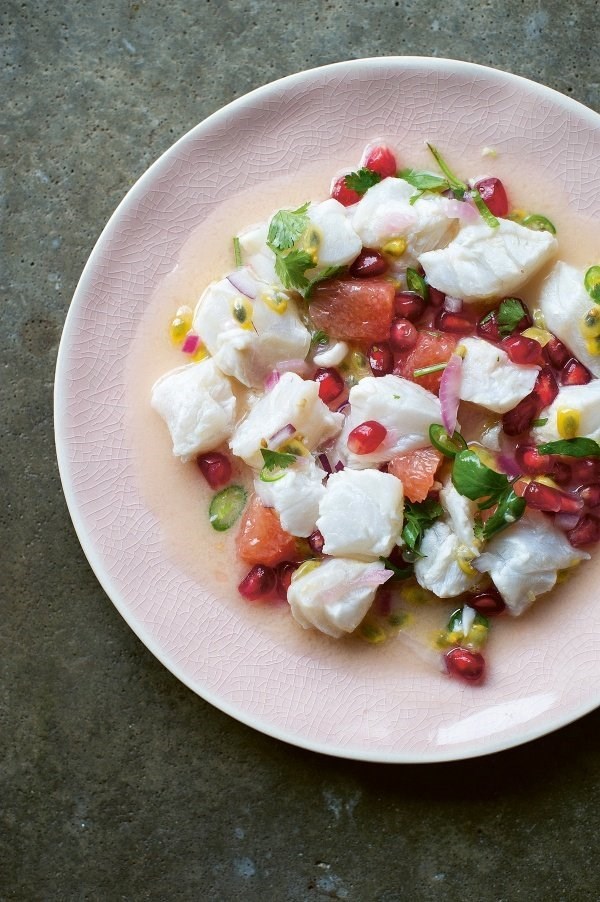 Passion fruit, grapefruit and pomegranate ceviche