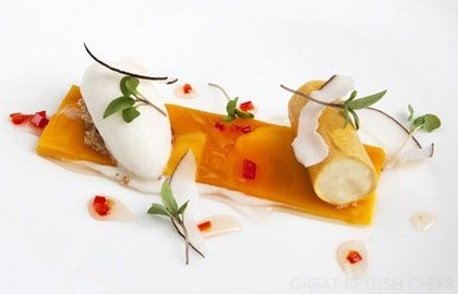 Passion fruit parfait with mango, lemongrass and lime